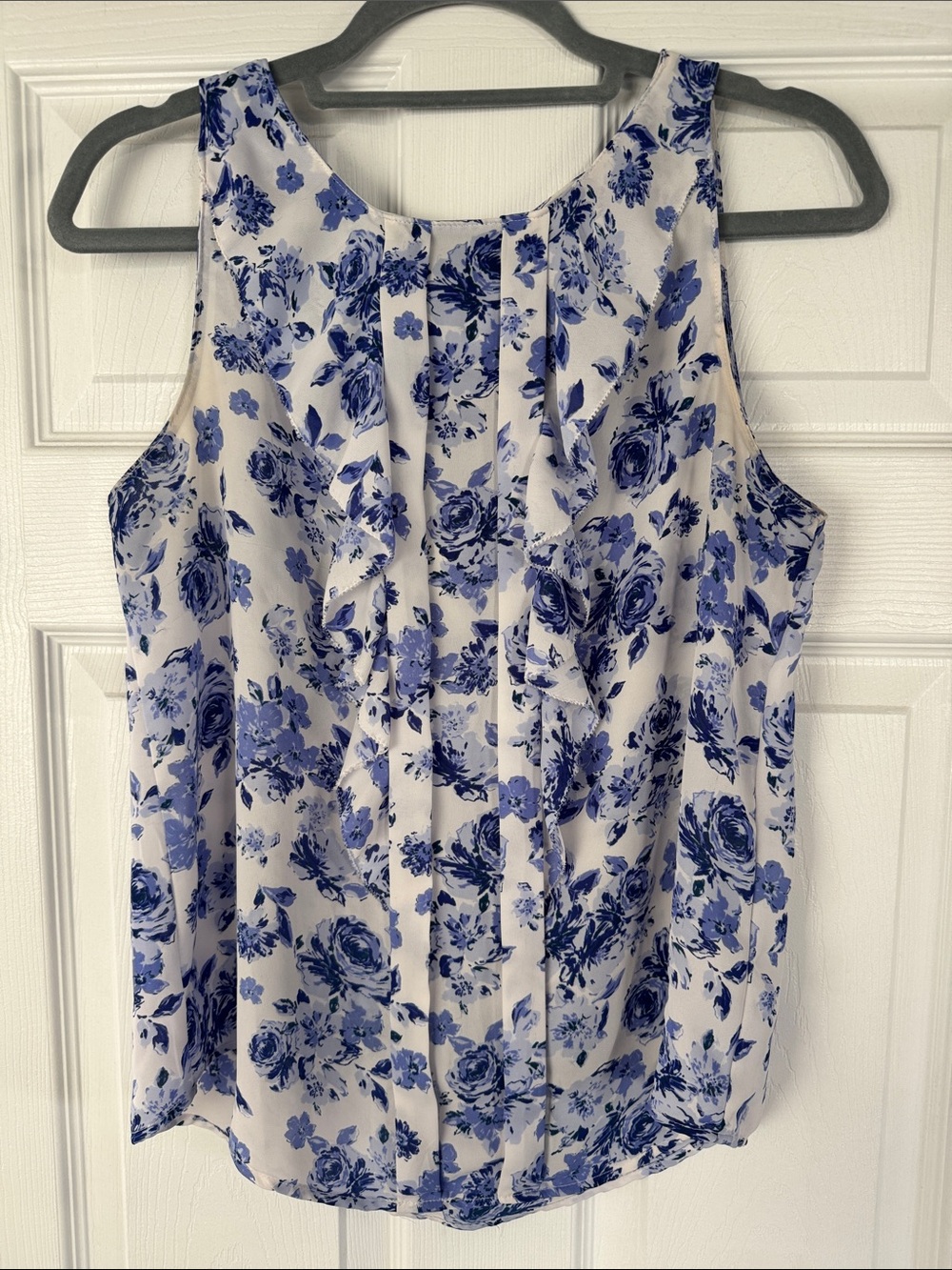 Elle White and Blue Floral Ruffle Front Sleeveless Camisole